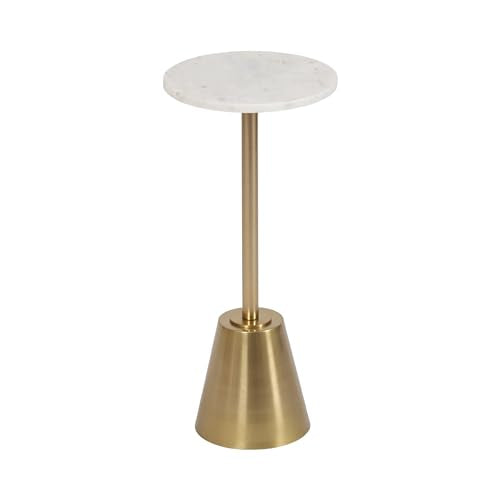 Tira Elegant Round Drink Table, 10 x 22, White Marble and Gold, Modern Glam Circle Martini Table for Use as a Small Bedroom Nightstand or Living Room Plant Stand Option