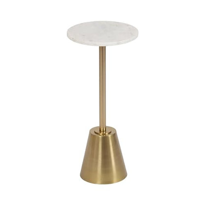 Tira Elegant Round Drink Table, 10 x 22, White Marble and Gold, Modern Glam Circle Martini Table for Use as a Small Bedroom Nightstand or Living Room Plant Stand Option