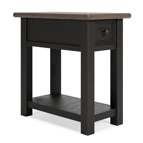 Signature Design by Ashley Narrow Side Table with Charging Station, Tyler Creek Chairside End Table, Wood, Smooth-Gliding Storage Drawer, Living Room Furniture, Grayish Brown/Black