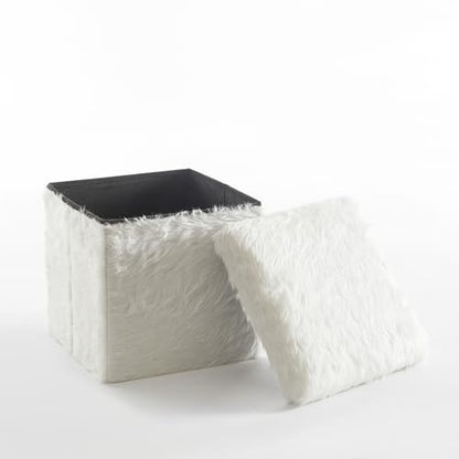 Mongolian Fur Collapsible Storage Ottoman 15 Inch Square Soft White Modern Multipurpose Footrest Bench Living Room Furniture Accent Décor