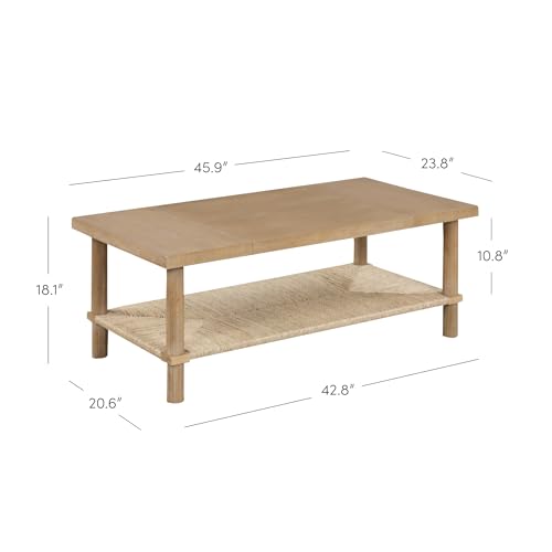 Nathan James Beacon Bohemian Coffee Table with Storage, 2-Tier Rectangle Coffee Table with Solid Wood Legs and Seagrass Shelf, Light Brown