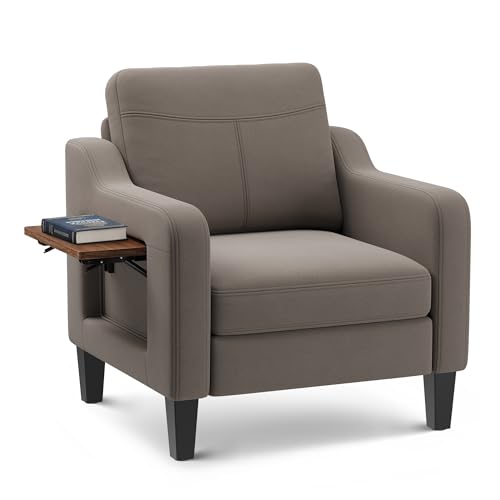 Upholstered Accent Chair with Foldable Side Table for Living Room | 2 Side Pockets, Modern Linen Armchair Wooden Fabric Chairs for Living Room, Comfy Reading for Bedroom/Office