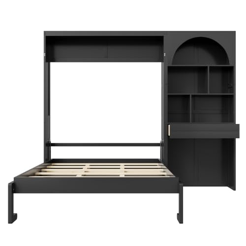 Queen Size Murphy Platform Bed with Side Cabinets, Drawer, Open Shelves | Folding Platform Bed, Murphy Chest Bed Can be Folded into a Cabinet, Multi-function Murphy Wall Bed, Small Room