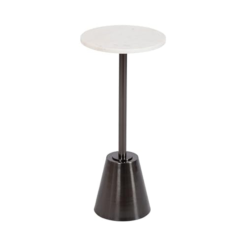Tira Elegant Round Drink Table, 10 x 22, White Marble and Gray Gunmetal, Modern Glam Circle Martini Table for Use as a Small Bedroom Nightstand or Living Room Plant Stand Option