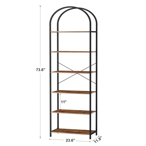 6-Tier Bookshelf Arched Display Racks, Wood and Metal Bookcase, Tall Bookshelf, Industrial Display Standing Shelf Unit, for Home Office, Living Room, Bedroom, Bathroom, Rustic Brown