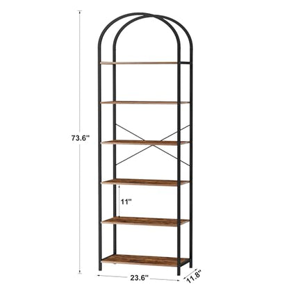 6-Tier Bookshelf Arched Display Racks, Wood and Metal Bookcase, Tall Bookshelf, Industrial Display Standing Shelf Unit, for Home Office, Living Room, Bedroom, Bathroom, Rustic Brown