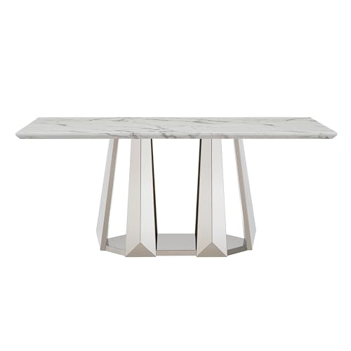 Marble Dining Table for 6 People, 70'' Rectangle Faux Marble Dining Table with Mirrored Stainless Steel Base, Large Size Marble Kitchen Table (Silver,White)(only Table)