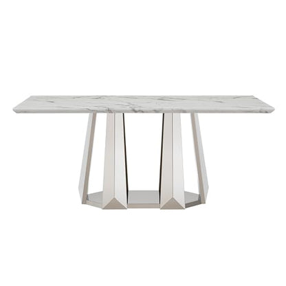 Marble Dining Table for 6 People, 70'' Rectangle Faux Marble Dining Table with Mirrored Stainless Steel Base, Large Size Marble Kitchen Table (Silver,White)(only Table)