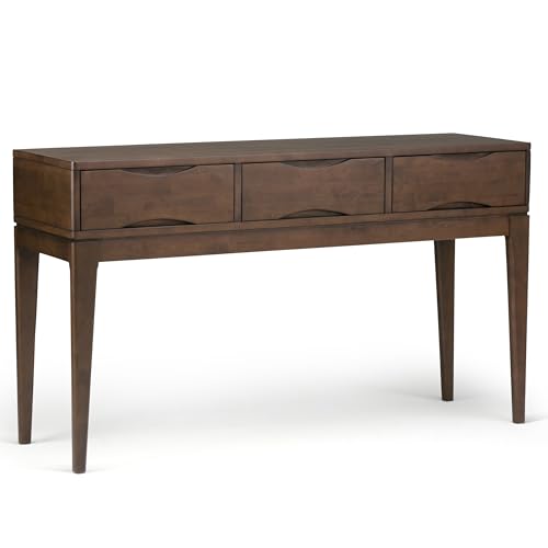 Harper Console Table - 54 Inch Wide Solid Hardwood Sofa Table in Walnut Brown, Mid-Century Modern Storage Table for Entryway or Living Room with 3 Drawers, Notched Handles, and Tapered Legs