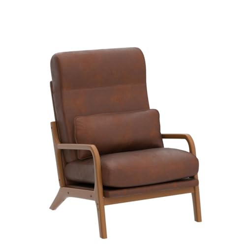 Accent Chair High Back Mid-Century Modern, Brown | Bronzing Cloth Upholstered, Walnut Color Solid Rubber Wood Frame, Soft Cushion with Pillow, For Living Room, Bedroom, Balcony