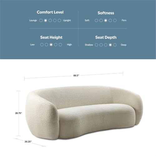 89" Wide Contemporary Sofa, Vanilla Cream Boucle Fabric, Solid and Engineered Wood Frame, Plush Cushions, Curved Silhouette, 3-Seater, Durable Living Room Seating, Modern Lounge Furniture