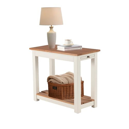 Savannah Narrow End Table – 12” W x 22” D Small Side Table with Pull-Out Tray and Storage Shelf – Farmhouse Nightstand for Living Room or Bedroom by (Ivory and Natural Wood Finish)