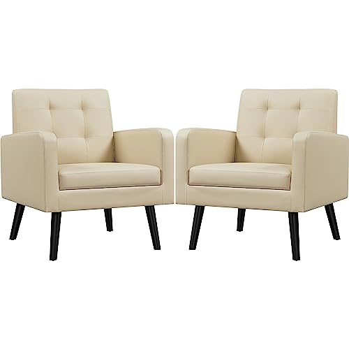 Yaheetech Mid-Century Accent Chairs, PU Leather Modern Upholstered Living Room Chair, Cozy Armchair Button Tufted Back and Wood Legs for Bedroom/Office/Cafe Beige 2PCS