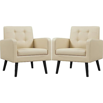 Yaheetech Mid-Century Accent Chairs, PU Leather Modern Upholstered Living Room Chair, Cozy Armchair Button Tufted Back and Wood Legs for Bedroom/Office/Cafe Beige 2PCS