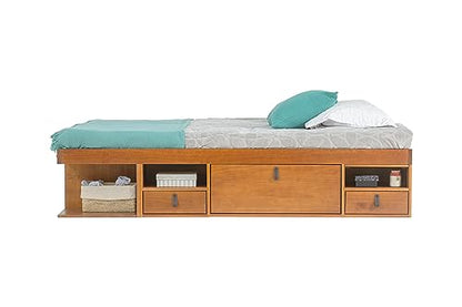 Solid Pine Storage Bed with Compartments and Headboard, Oak Brown, view 5