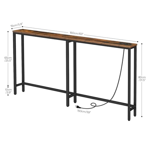 63" Narrow Console Table with Charging Station, 5.9" Slim Sofa Table Behind Couch, 2 AC Outlets & USB-C Ports, Long Entryway Tables for Small Spaces, Livingroom, Rustic Brown BF165UXG01G1
