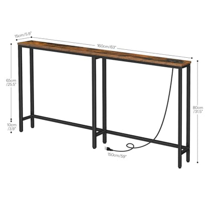 63" Narrow Console Table with Charging Station, 5.9" Slim Sofa Table Behind Couch, 2 AC Outlets & USB-C Ports, Long Entryway Tables for Small Spaces, Livingroom, Rustic Brown BF165UXG01G1