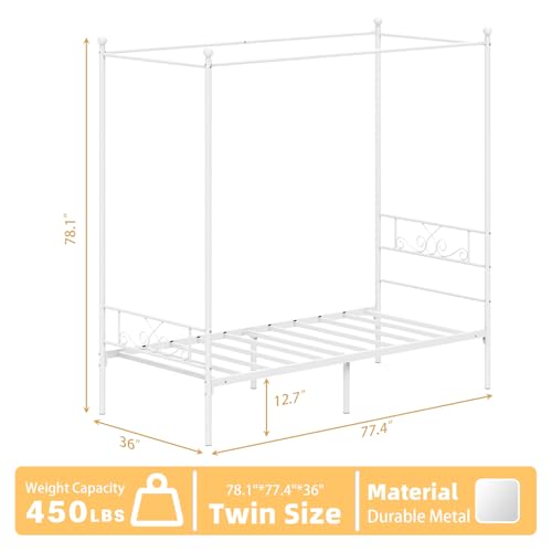 Twin Canopy Bed Frame with Headboard, Metal Twin Beds for Kids, White, view 3