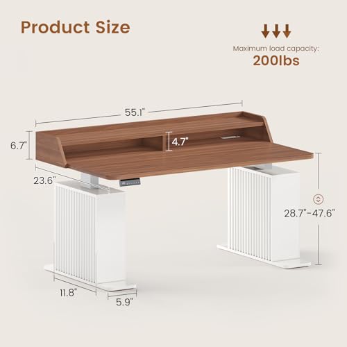 Standing Desk with Storage, 55" Fluted Stand Up Desk with Power Outlets & LED Lights, Height Adjustable Table with Monitor Shelf for Home Office, Gaming, Brown + White