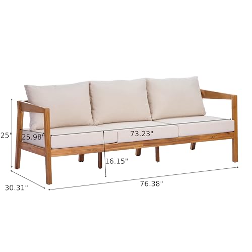 5 Piece Outdoor Acacia Wood Patio Furniture Set Lounge Chairs Coffee Table 3 Seater Sofa Deep Seating Conversation Set Teak Finish Beige Cushion