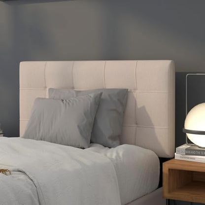 Contemporary Twin Fabric Panel Headboard, Beige Upholstery, Adjustable Metal Bed Rail Slots, Button Tufting and Box Stitch Design, 22" H x 39.25" W, Modern Bedroom Furniture