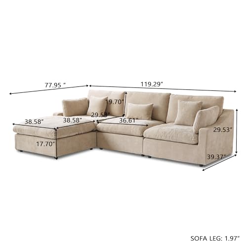 Cloud Couch Modular Sectional Sofa,119.29" L Shaped Couch, Oversized Down Filled Convertible Wide Seater,3 Seater with 1 Ottoman for Living Room Set, Covers Washable&Replaceable,Khaki