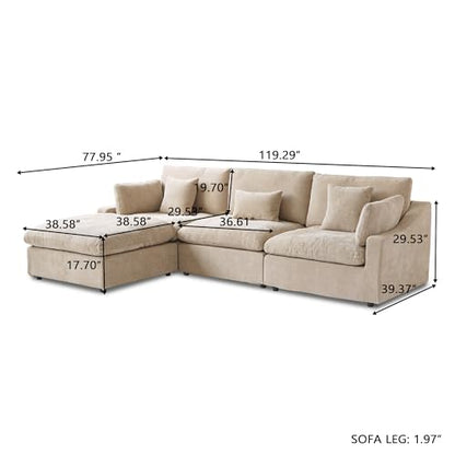 Cloud Couch Modular Sectional Sofa,119.29" L Shaped Couch, Oversized Down Filled Convertible Wide Seater,3 Seater with 1 Ottoman for Living Room Set, Covers Washable&Replaceable,Khaki