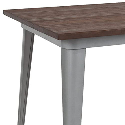Kenneth 30.25" x 60" Rectangular Silver Metal Indoor Table with Walnut Rustic Wood Top
