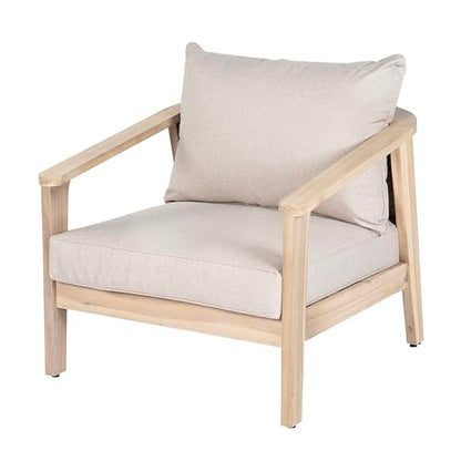 Hartford Acacia Wood Lounge Chair Outdoor with Removable Cushion, Solid Wood Patio Accent Chair with PE Wicker Backrest, Patio Furniture Sofa Set, Light Brown+Beige