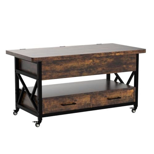 40" Lift Top Coffee Table, 4 in 1 Coffee Tables with Storage for Living Room, Small Farmhouse Coffee Table with 2 Drawers & LED Light for Dining Reception Room, Rustic Brown