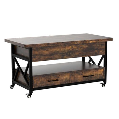 40" Lift Top Coffee Table, 4 in 1 Coffee Tables with Storage for Living Room, Small Farmhouse Coffee Table with 2 Drawers & LED Light for Dining Reception Room, Rustic Brown