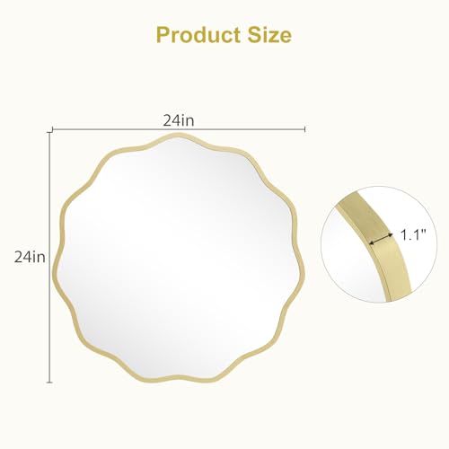 Round Wavy Mirror for Wall Decorative 24 inch, Modern Round Mirror Aluminum Frame for Bathroom Bedroom Living Room Home House Office Entryway, Gold