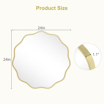 Round Wavy Mirror for Wall Decorative 24 inch, Modern Round Mirror Aluminum Frame for Bathroom Bedroom Living Room Home House Office Entryway, Gold