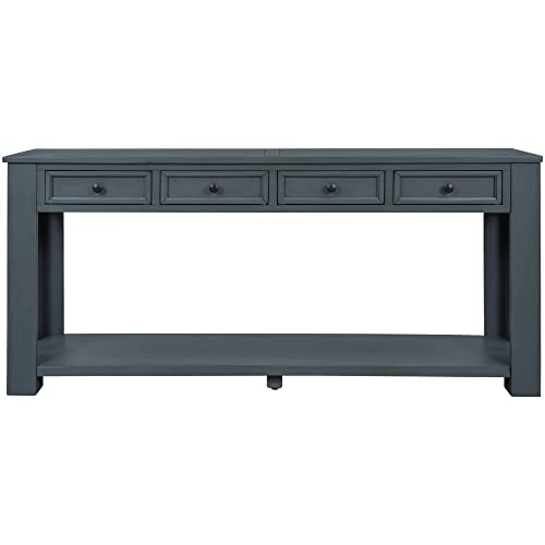 Knocbel Console Table with 4 Storage Drawers Bottom Shelf, Rustic Distressed Sofa Table for Entryway Hallway, Assembly Required, 63" W x 14" D x 30" H, Navy