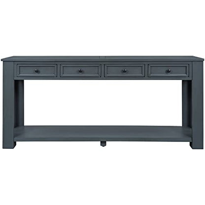Knocbel Console Table with 4 Storage Drawers Bottom Shelf, Rustic Distressed Sofa Table for Entryway Hallway, Assembly Required, 63" W x 14" D x 30" H, Navy
