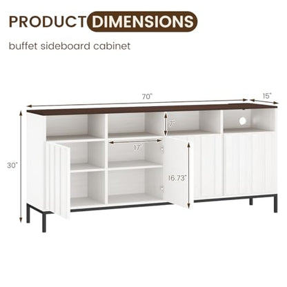 COCO DESIGN 70" Large Buffet Sideboard Cabinet with Power Outlets & Adjustable Shelves, Modern Farmhouse Accent Storage Credenza Console for Kitchen, Living Room, White