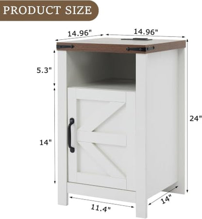 White Farmhouse End Table with Charge Set of 2, Rustic Nightstand with Barn Door and Shelf, Bedside Table with Charging Station for Living Room, Bedroom