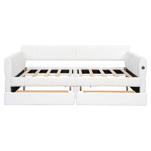 Queen Size Upholstered Daybed Sofa Bed with 2 Drawers, Lambswool Upholstered Platform Bed with USB for Bedroom Living Room Guest Room (White-@045)