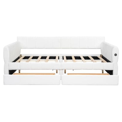 Queen Size Upholstered Daybed Sofa Bed with 2 Drawers, Lambswool Upholstered Platform Bed with USB for Bedroom Living Room Guest Room (White-@045)