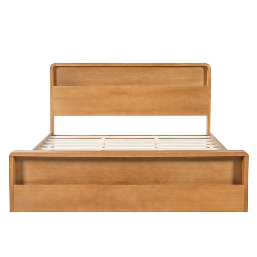 King Solid Wood Platform Bed with Open Storage Headboard, Light Brown, view 6