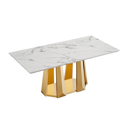 Marble Dining Table for 6 People, 70'' Rectangle Faux Marble Dining Table with Mirrored Stainless Steel Base, Large Size Marble Kitchen Table (Gold,White)(only Table)