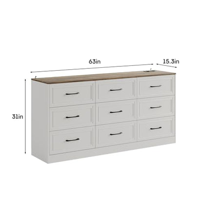 Dresser for Bedroom, 9 Drawer Wide Dresser Organizer with Charging Station, view 3