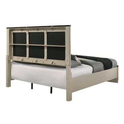 Upholstered Eastern King Bed, Gray Linen and Beige Frame, Padded Headboard, Black Marble-Look Trim, Sturdy Wood Construction, Vertical Panel Design, Modern Bedroom Furniture