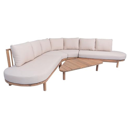 5 Piece Patio Outdoor Furniture Set, All Weather 118" Half Moon Sectional Sofa with Acacia Wood Frame & Waterproof Cushions,1 Coffee Table for Garden,Lawn,Backyard,Poolside,Beige+Light Teak