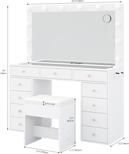 Vanity Desk with Power Outlet, Makeup Vanity with Mirror and 12 LED Lights, 3 Lighting Modes,11 Drawers Vanity Table with Chair, Glass Top, Dressing Table for Bedroom,Dressing Room, White