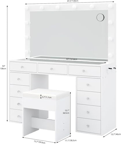 Vanity Desk with Power Outlet, Makeup Vanity with Mirror and 12 LED Lights, 3 Lighting Modes,11 Drawers Vanity Table with Chair, Glass Top, Dressing Table for Bedroom,Dressing Room, White