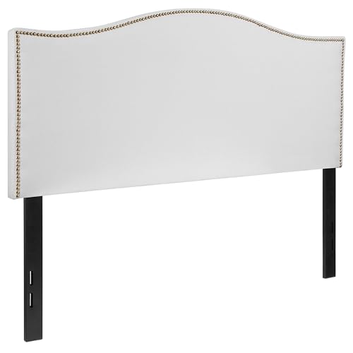 Contemporary Full Upholstered Panel Headboard, White Fabric with Brass Nailhead Trim, Adjustable Black Metal Legs, 56.75 in Wide, Bedroom Furniture for Master, Guest, or Apartment Use