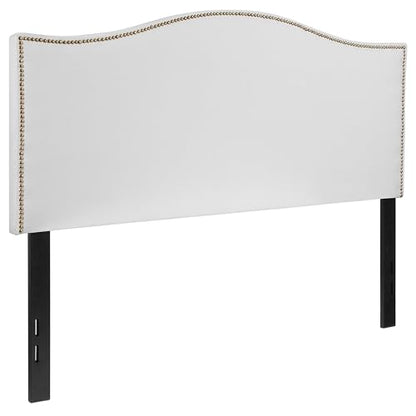 Contemporary Full Upholstered Panel Headboard, White Fabric with Brass Nailhead Trim, Adjustable Black Metal Legs, 56.75 in Wide, Bedroom Furniture for Master, Guest, or Apartment Use