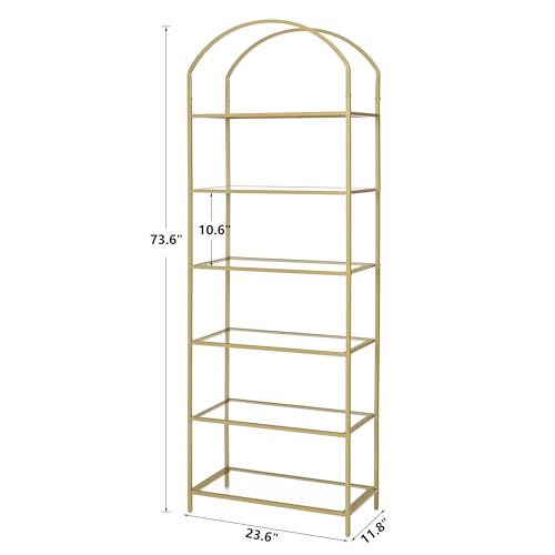 6-Tier Tall Gold Bookshelf, Arched Bookcase with Glass Shelves, view 3
