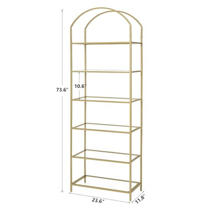 6-Tier Tall Gold Bookshelf, Arched Bookcase with Glass Shelves, view 3